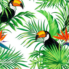 Obraz na płótnie Canvas Summer tropical vector pattern with birds and palm leaves. Seamless botanical background. ESP 10. Tropic wallpaper.