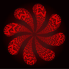 Bloody Sigma Greek symbol icon exploding motion flower salute shape on red dark gradient background. Flower twirl done from bloody scattered Sigma Greek symbol symbols.