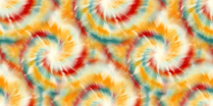 Seamless funky 1970s tie dye border motif pattern for surface design and print. High quality illustration. 70s funky psychedelic abstract hippie swatch. Multicolored spiral tiedye swirl textile design