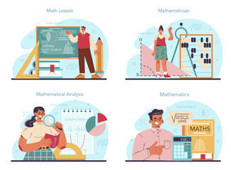 Mathematician concept set. Mathematician use scientific formulas