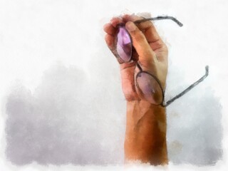 male hand holding black round glasses on a white background watercolor style illustration impressionist painting.