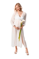 Young pregnant woman with calla lilies on white background