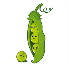 Cartoon vegetables. Cute character from green peas, beans, pod, for kids Vector Isolated food Illustration - 470785246