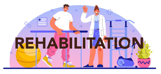 Rehabilitation typographic header. Doctor helping patients during physio