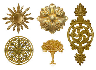 Set of golden decorative elements with floral pattern isolated on white background