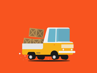 Delivery truck with wooden boxes and truck with tent. Flat vector set