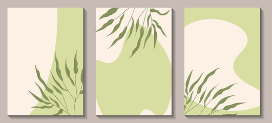 Floral web banner with drawn color exotic leaves. Nature concept design. Modern floral collection of contemporary posters. Vector illustration for social media, print, postcards