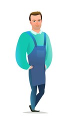 Man craftsman or artist. Guy in apron. Master in workwear. Cheerful person. Standing pose. Cartoon comic style flat design. Single character. Illustration isolated on white background. Vector