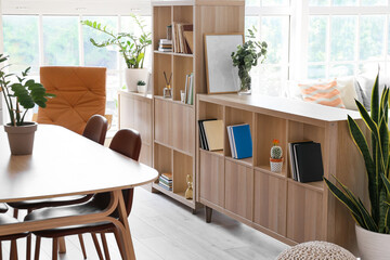 Modern kitchen with stylish bookshelves