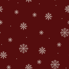 Red pattern with lines doodle white snowflakes. Winter texture, textiles, wallpaper, background.