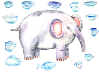 elephant and dishes