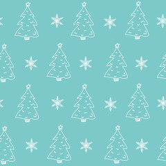Turquoise pattern with stars Christmas tree lines and doodle. Winter texture, textiles, children wallpaper.