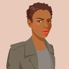 Beautiful elegant African American black girl woman with short haircut dark skin in a stylish trench coat