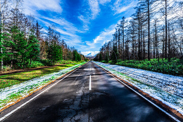 十勝岳をのぞむ北海道の一本道