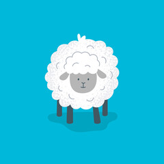 A cute sheep stands and looks. Funny little sheep. Vector flat illustration.