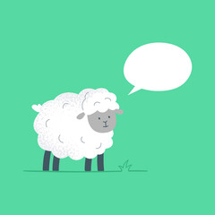 A cute sheep with an empty speech bubble. A funny little sheep on a green background. Vector flat illustration.
