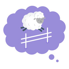 Dream bubble with a sheep jumping over the fence. Funny little sheep. Vector flat illustration.