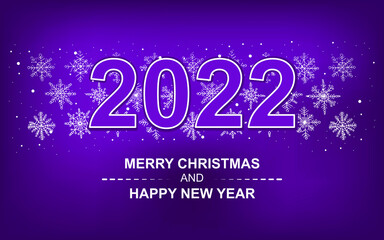 2022 Velvet Violet Christmas card with white Snowflakes. Merry Christmas and Happy New Year text with Snowflakes, lettering for greeting cards, banners, posters, isolated vector illustration