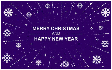 Velvet Violet Christmas card with white icons. Merry Christmas and Happy New Year text with Snowflakes, lettering for greeting cards, banners, posters, isolated vector illustration