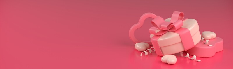 Valentine's day banner. 3D valentine illustration with love shape, gift, and smartphone. 3D rendering
