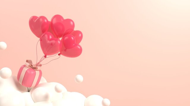 Valentine's day background. 3D valentine illustration with gift and love baloon on clouds  . 3D rendering