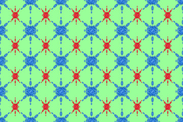Seamless geometric ethnic fabric pattern, blue and red floral pattern, Thai fabric pattern design, carpet, wallpaper, curtain, cushion, clothing, wrap, batik, light green background