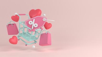 Valentine's day sale background. 3D valentine sale illustration with love shape, discount tag, shop bag and shop cart. 3D rendering