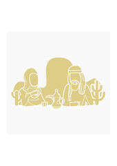 Editable Arab Couple Having Arabic Coffee Vector Illustration With Dallah Pot and Finjan Cups in Flat Monochrome Style for Islamic Moments or Arabian Culture Cafe Related Design