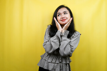 Beautiful young woman with hands holding chin v sign, cheerful and confident, isolated