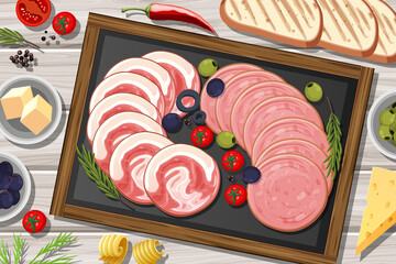 Platter of cold meats and smoked meats on the table background - obrazy, fototapety, plakaty