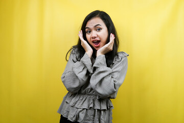 Beautiful young woman surprised, shocked, wow expression, advertisement, isolated