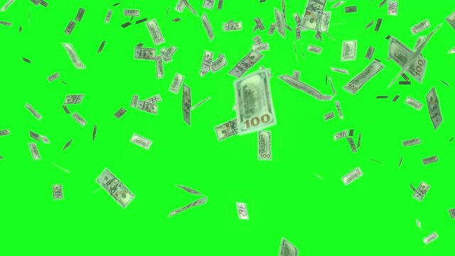 Animation of dollar bills falling on a green screen or color key, business success, wealth, millionaire, lottery and abundance concept. Money fireworks rain 3D background in 4k.