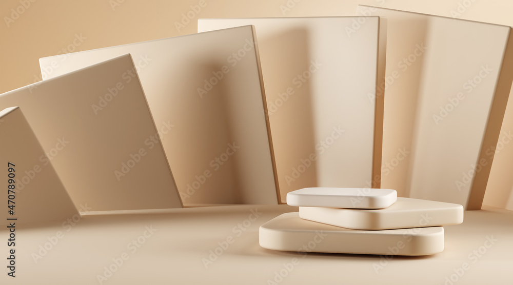Aufkleber square step podium with rounded corners on background abstract geometric beige sheets. empty stone p