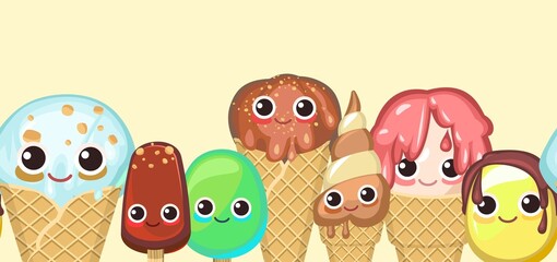 Various ice cream. Horizontal seamless background illustration. Funny cartoon characters. In waffle cups and cones. Creamy and chocolatey. Popsicle on a stick. Dairy and fruit product. Vector.