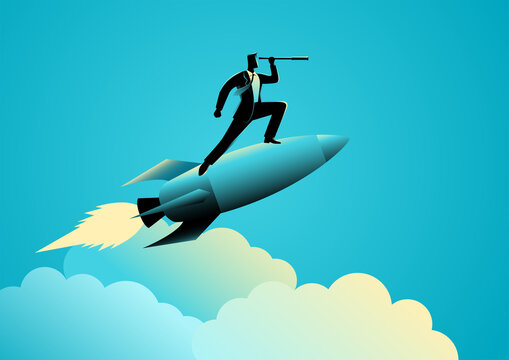 Vector illustration of a businessman on a rocket using a telescope, startup and forecast concept