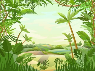 Fototapeta na wymiar Great countryside in the tropics. Vegetable garden hills and meadows. The road goes into the distance. Palm trees and nice summer weather. Funny cartoon style. Green countryside landscape. Vector.