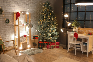 Beautiful living room with fir tree and gifts on Christmas eve