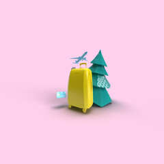 3d render Yellow suitcase with Christmas tree, credit card and phone. An airplane takes off in the background. New Years tourism, Christmas travel, winter adventures