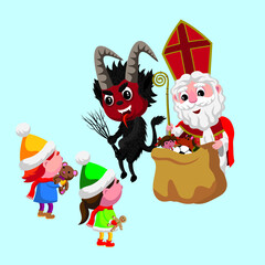 Cute cartoon style illustration of St Nicholas and Krampus