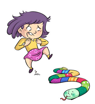 Illustration of little girl being scared by a stuffed snake