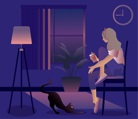 Young girl with coffee in hand sitting at home. Near the cat, the night sky. Reflections, meditation. Vector illustration.