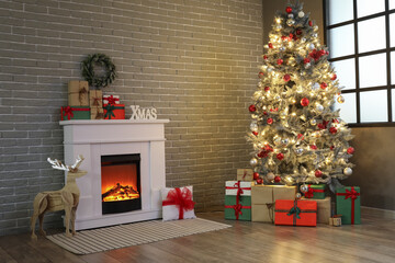 Interior of stylish room with fireplace, Christmas tree and glowing lights