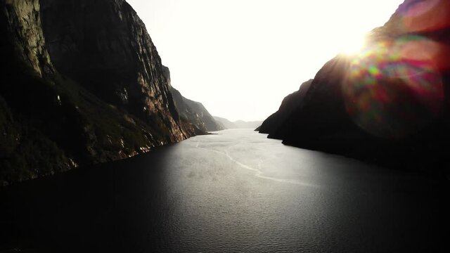 Beautiful norwegian fjord at sunset, 4k aerial