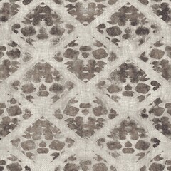 Seamless tan brown grungy tribal neutral rug motif surface pattern design for print. High quality illustration. Distressed bohemian ethnic repeat swatch. Hand drawn diamond damask textile design.