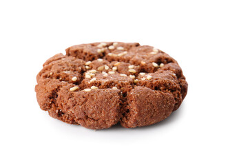 Delicious chocolate cookie with sesame on white background
