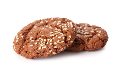 Delicious chocolate cookies with sesame on white background
