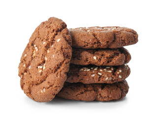 Stack of delicious chocolate cookies with sesame on white background