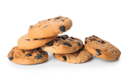 Delicious homemade cookies with chocolate chips on white background