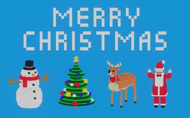 Merry Christmas greeting card. Voxel art 3D illustration