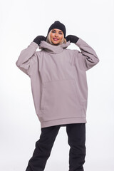 Skier happy caucasian satisfied smiling woman 20s wear warm padded windbreaker jacket ski. © Евгений Вершинин